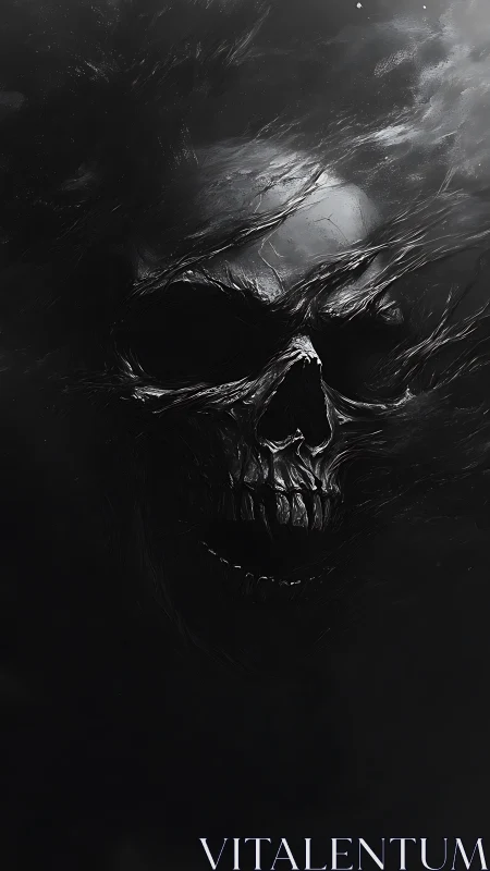 Skull-like structure emerges from dark swirling textures