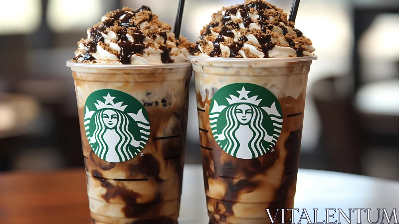Two Starbucks frappuccinos sit on a table with visible toppings