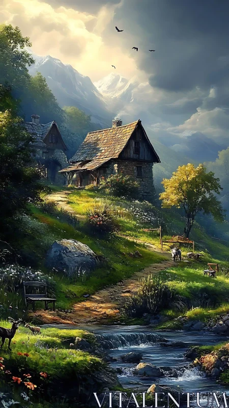 Sunlit mountain cottage and streamside path of quiet wonder.