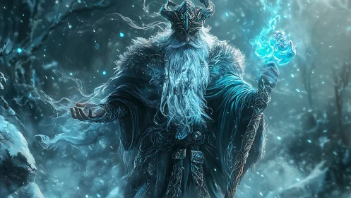 Ancient ice sorcerer commands stormlight in a frozen forest