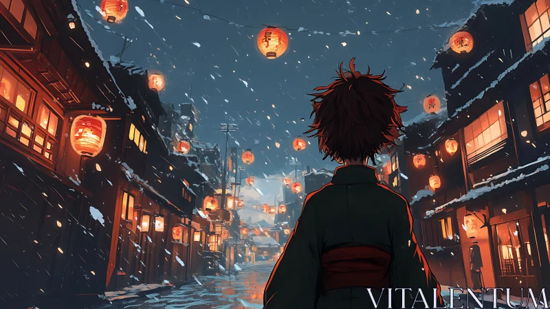 Solitary figure in snowy lantern lit traditional street.