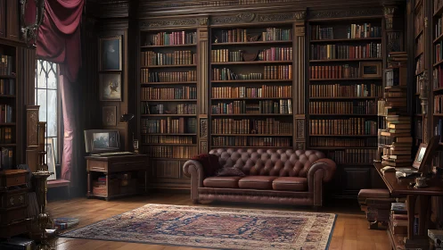 Luxurious leather library lounge under warm classic light.