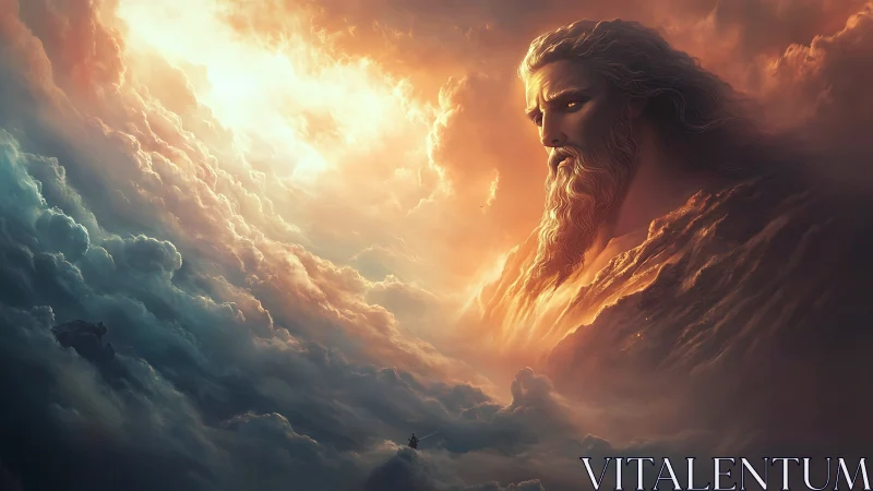 Colossal bearded figure emerging within luminous clouds.