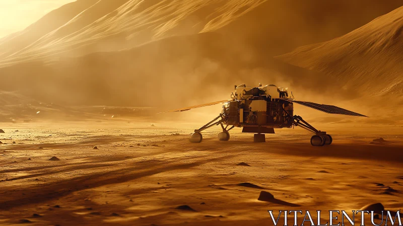 Golden Martian lander rests calmly on a dusty alien horizon