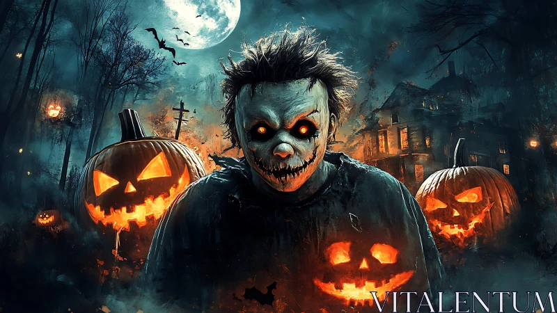 Masked figure stands before glowing jack o lanterns at night