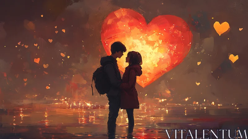 Two figures embrace under glowing heart. Romantic night scene.
