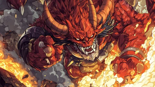 Fiery horned beast charges forward through smoke and flame