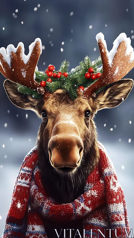 Snow-dusted moose in festive knit scarf and evergreen crown.