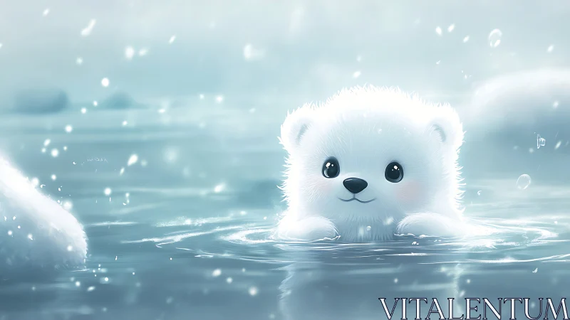 Cute white bear cub swimming in calm icy blue water.