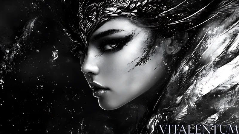 Monochrome avian cyber-muse in fractal feather eruption.