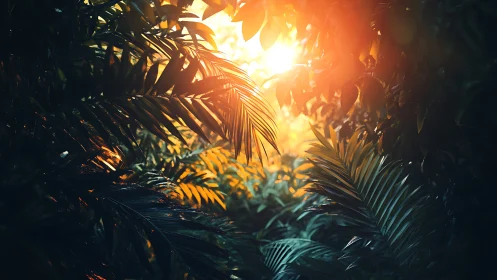 Sunlight penetrates dense tropical foliage in controlled frame