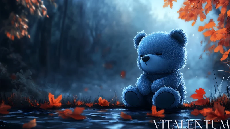Melancholy blue teddy dreaming beneath ember autumn leaves.