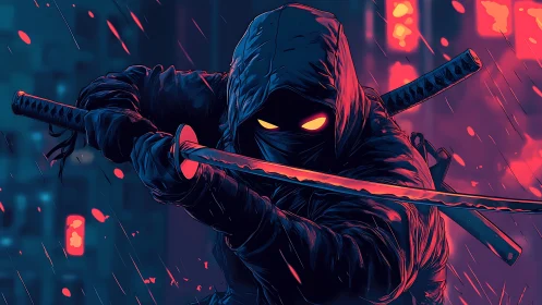 Midnight cyber ninja poised beneath neon rain-soaked skies.