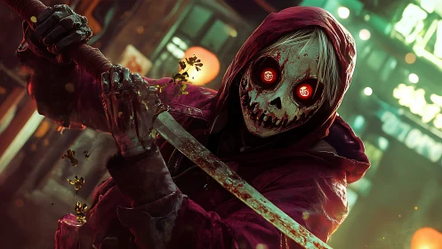 Masked skeletal figure grips bloodstained katana in neon alley