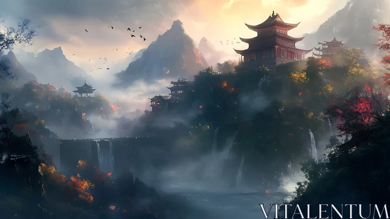 Mountain temples over misty valley with waterfalls at dawn.