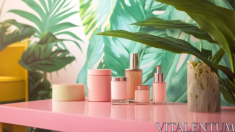 Pink skincare bottles glow against lush tropical leaves.