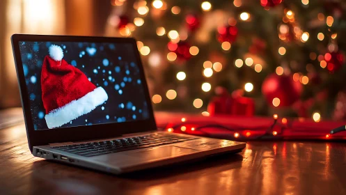 Laptop with Santa hat screen in warm Christmas setting.