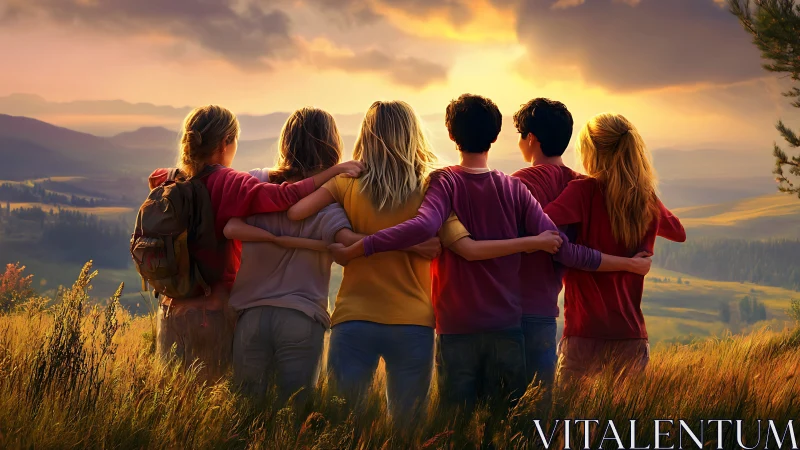 Group of Friends Embracing at Golden Hour Mountain Sunset
