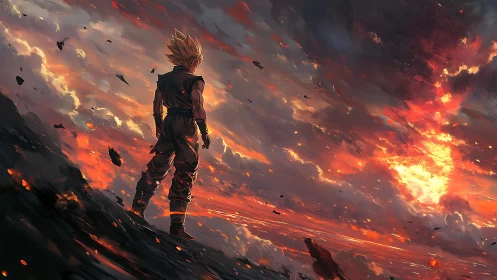 Superpowered warrior under burning apocalyptic sky.