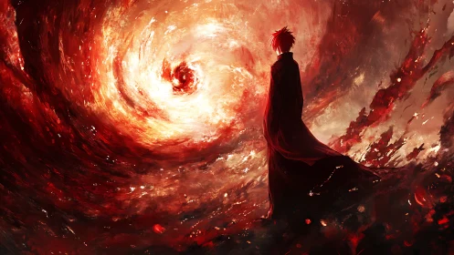 Crimson wanderer contemplates a burning cosmic maelstrom