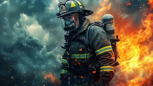 Firefighter in hazmat gear confronts massive inferno.