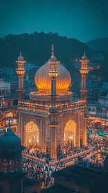 Illuminated domed mosque above dense evening crowd.