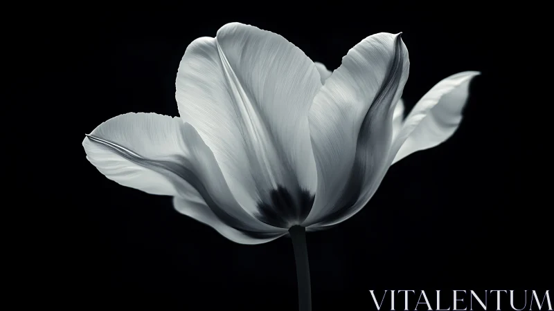 Monochrome tulip bloom glows against deep black void