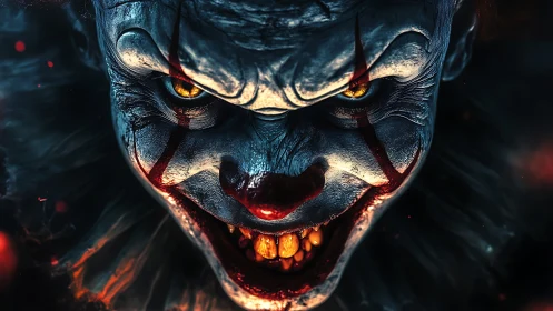 High-contrast demonic clown portrait with hyper-detailed textures