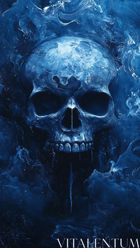 Ethereal blue skull emerges from swirling cosmic mist