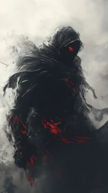 Shadowed flame walker emerges from swirling winter gloom.