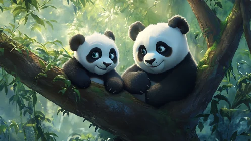 Digital painting of panda cubs on sunlit forest branch.