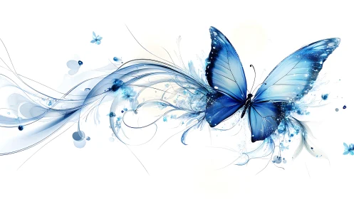 Digital blue butterfly integrates with abstract flowing forms