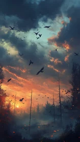 Apocalyptic Flight Through Burning Forest Landscape.