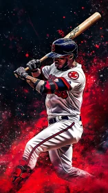 Slugger ignites crimson cosmos in explosive swing portrait.