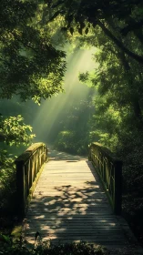 Sunlit wooden footbridge framed by dense forest canopy.
