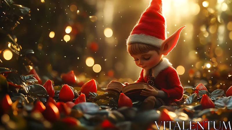Christmas elf child reading storybook in glowing forest
