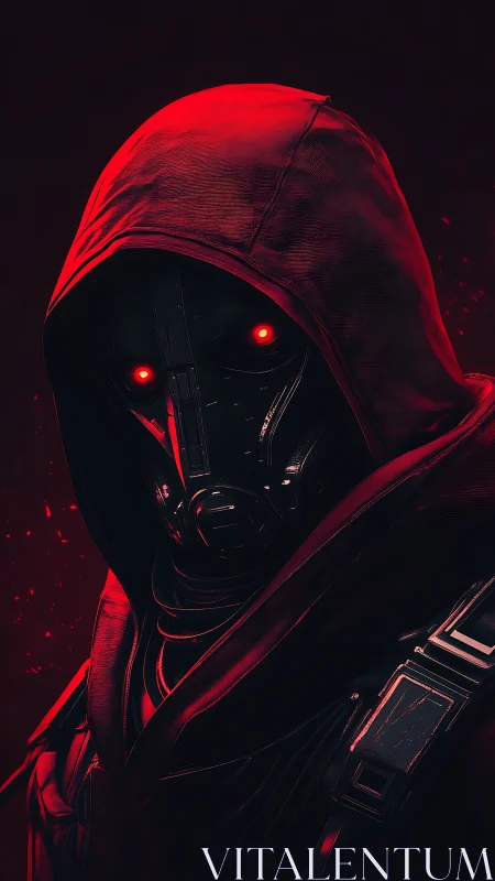 Hooded cyber assassin emerges from the red-shadowed void