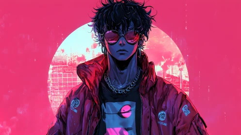 Neon pink cyberpunk portrait with reflective glasses and jacket