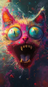 Neon cosmic cat yowls across a dripping galactic canvas