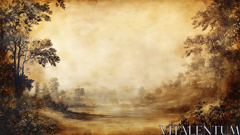 Golden mist drifts gently through a tranquil forest valley