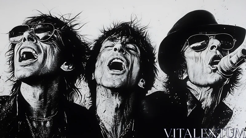 Triple-shot rock vocalist collage roaring in monochrome fury.