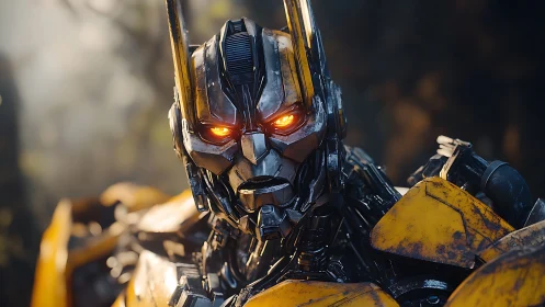 Battle-worn yellow robot stares ahead with blazing resolve