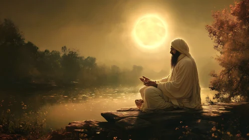 Mystic sage meditating by moonlit riverbank at dusk.