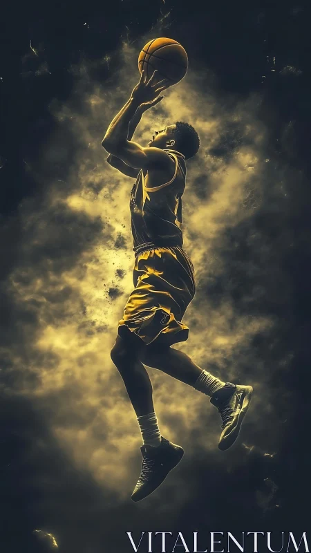 Dynamic basketball jump shot in cinematic golden lighting.
