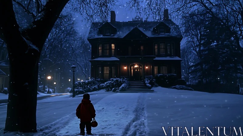 Snowy night street with child facing lit Victorian house.