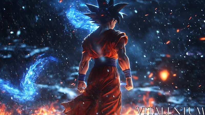 Starlit warrior strides through firelit storm of power