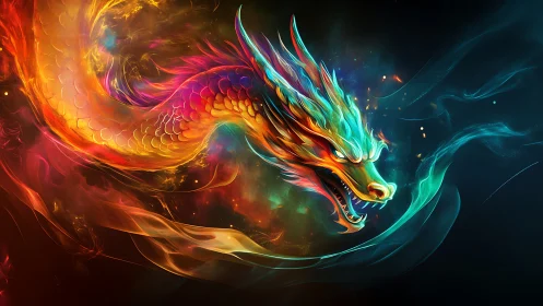 Luminous elemental dragon swirling through neon firestorm.