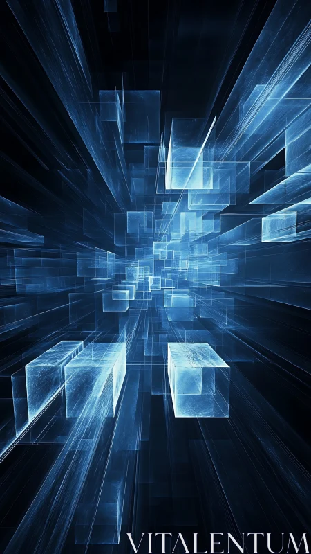 Futuristic blue data cubes forming dynamic digital corridor.