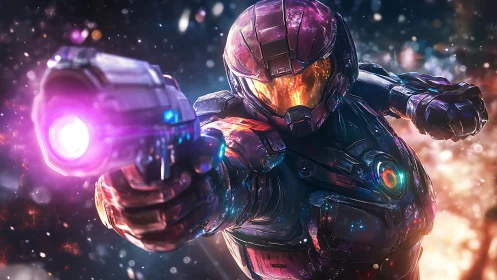 Armored space soldier aims glowing energy weapon forward