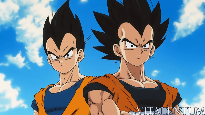 Two anime fighters stand side by side under blue sky